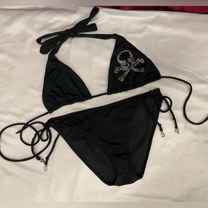 Victorias Secret Black string bikini side tie rhinestones skull pirate bones m L